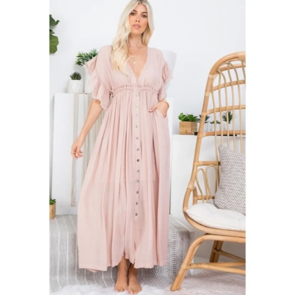 SOLD OUT Nude Blush Gauze Boho Button Short Slv Deep V Woven Gathered Maxi - Picture 2 of 6